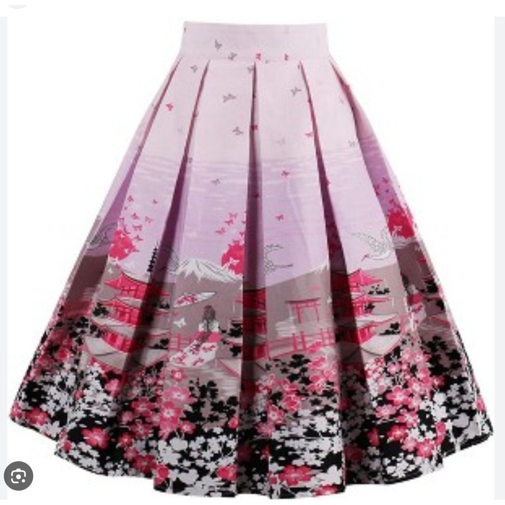1950s Skirt M 10 Fit & Flare Rockabelly Butterflies Asian Full Japanese Pink Vtg